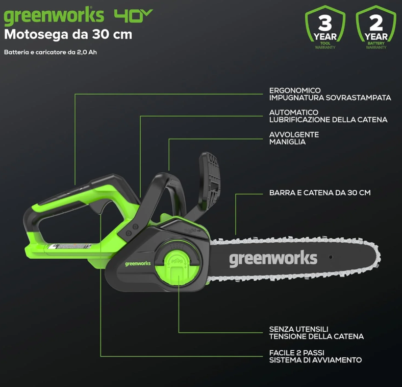 Greenworks G40CS30IIK2 Battery Chainsaw, 12-Inch (30cm) Bar Length