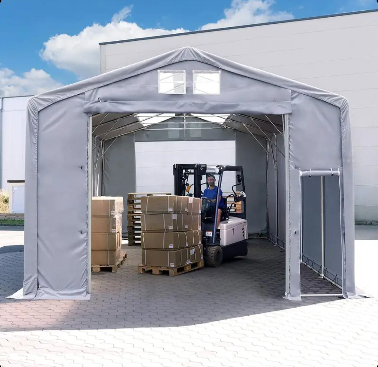 4x6m storage tent, 3.0m high, hinged door, PVC 850, grey, no static