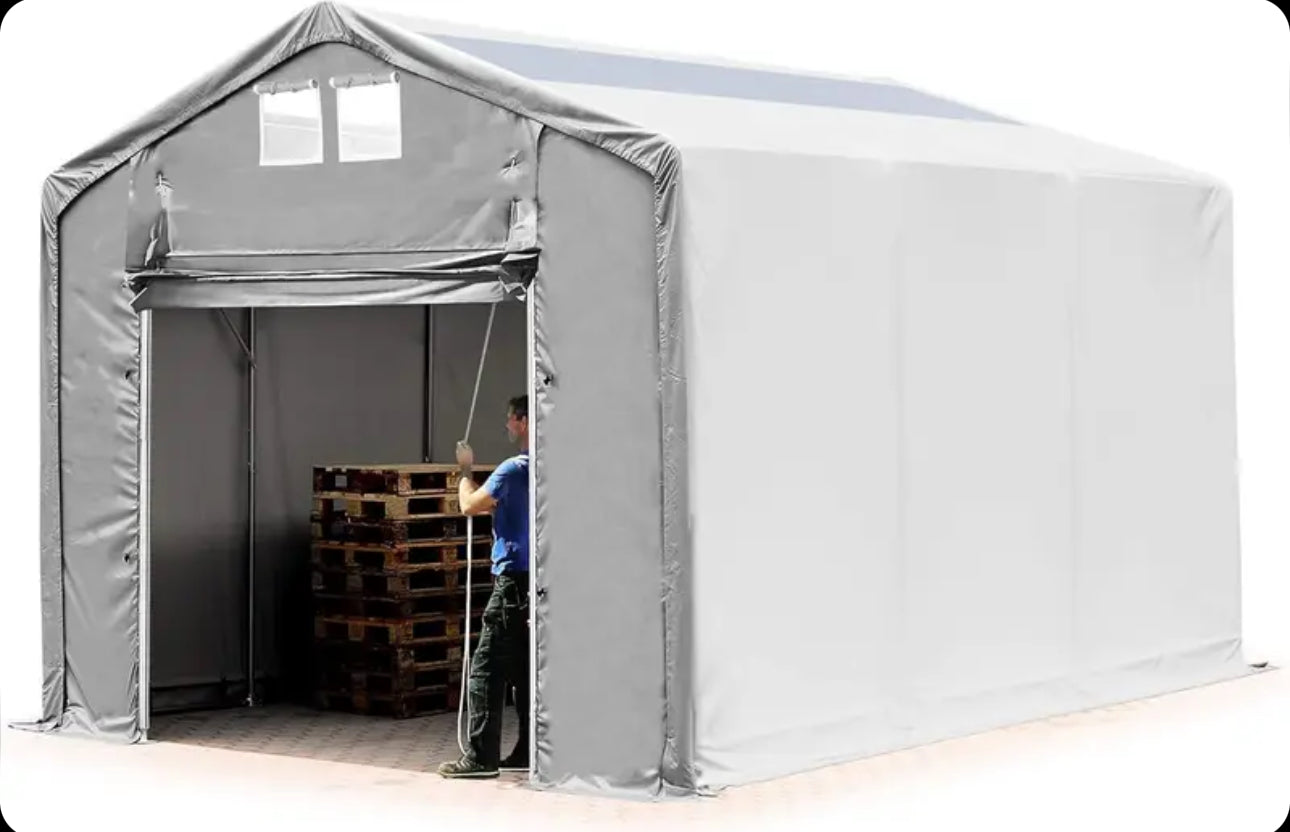 4x6m storage tent, 3.0m high, hinged door, PVC 850, grey, no static