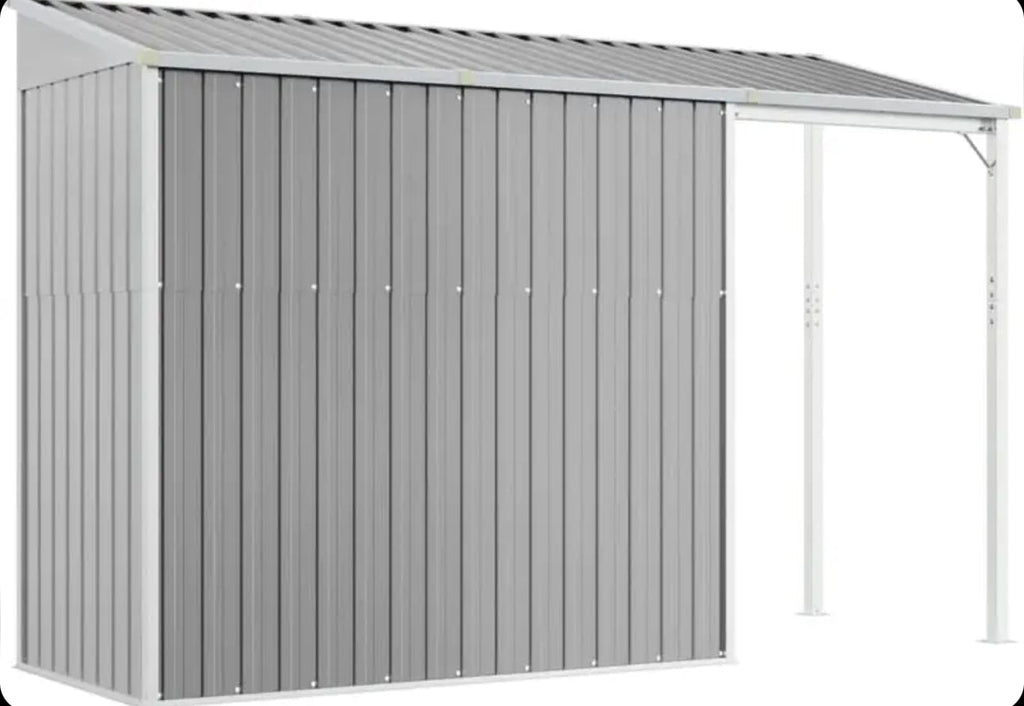 Garden shed with elongated roof, light grey, 277 x 110.5 x 181 cm