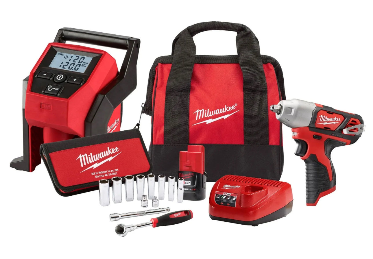 Milwaukee 2463-21RS M12 3/8-Inch Impact Wrench and Tire Inflator 1.5Ah Combo Kit