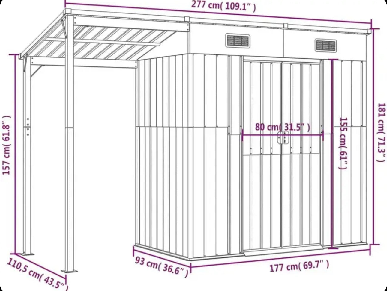 Garden shed with elongated roof, light grey, 277 x 110.5 x 181 cm