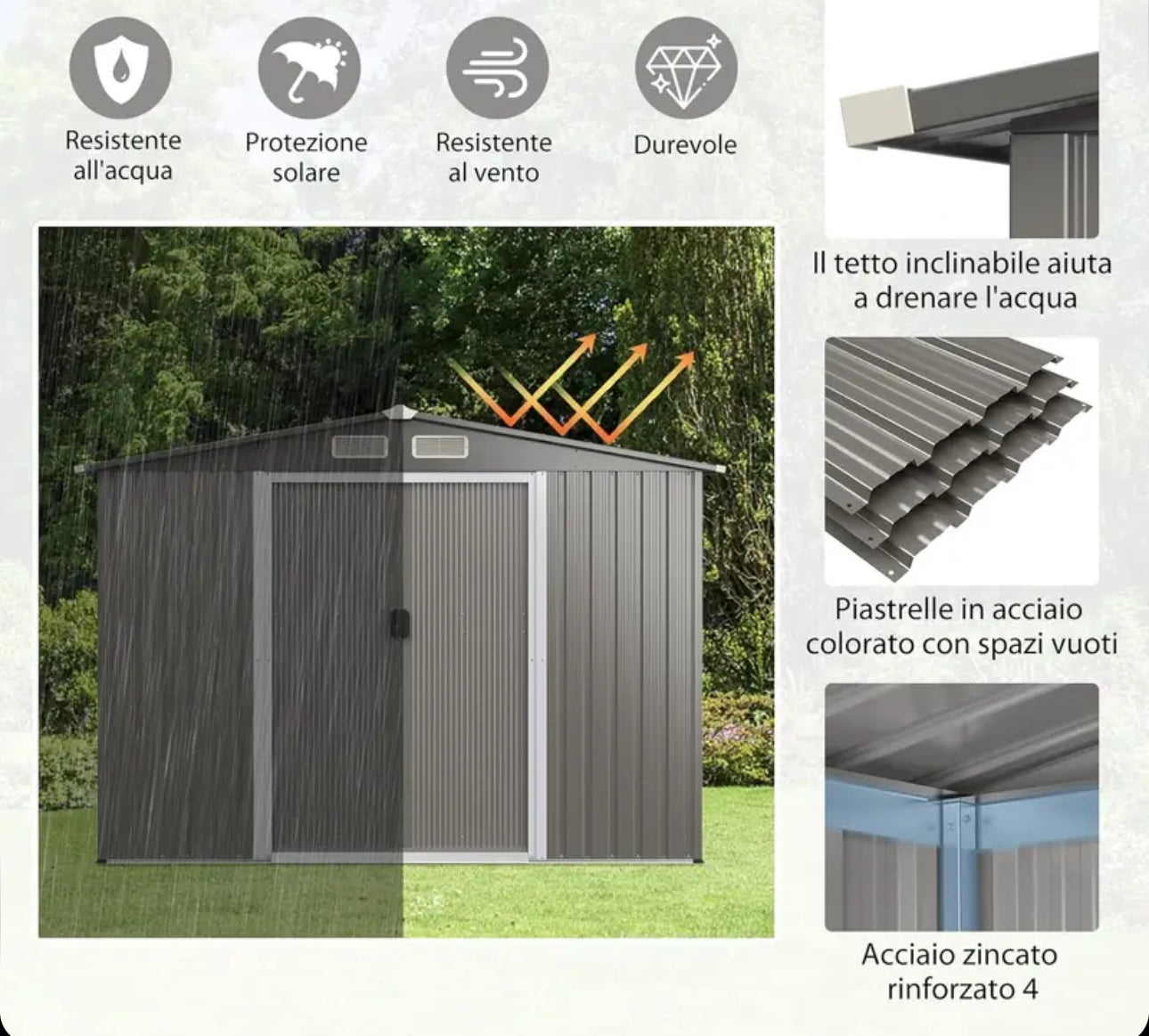 Garden Shed 260 x 207 x 181 cm Outdoor Sheds with 4 Shutters