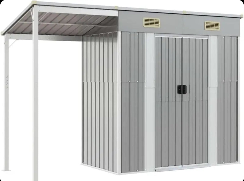 Garden shed with elongated roof, light grey, 277 x 110.5 x 181 cm