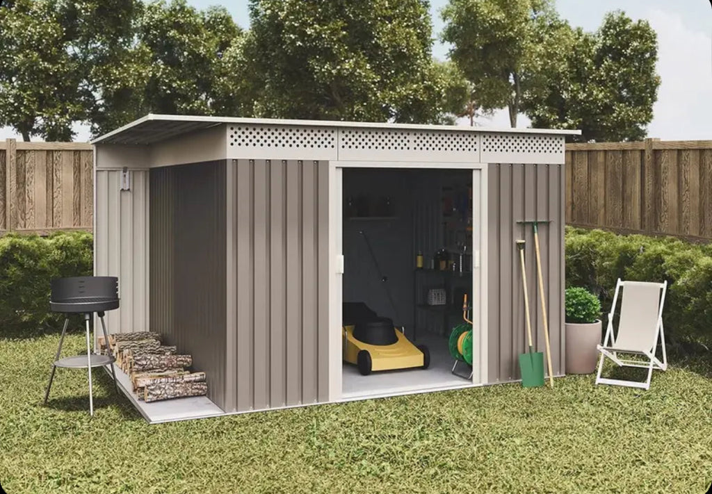 Okoru Hoggar Grey/Beige Metal Storage Shed 8.96m2 - 269x333x189cm. Garden Terrace Shed