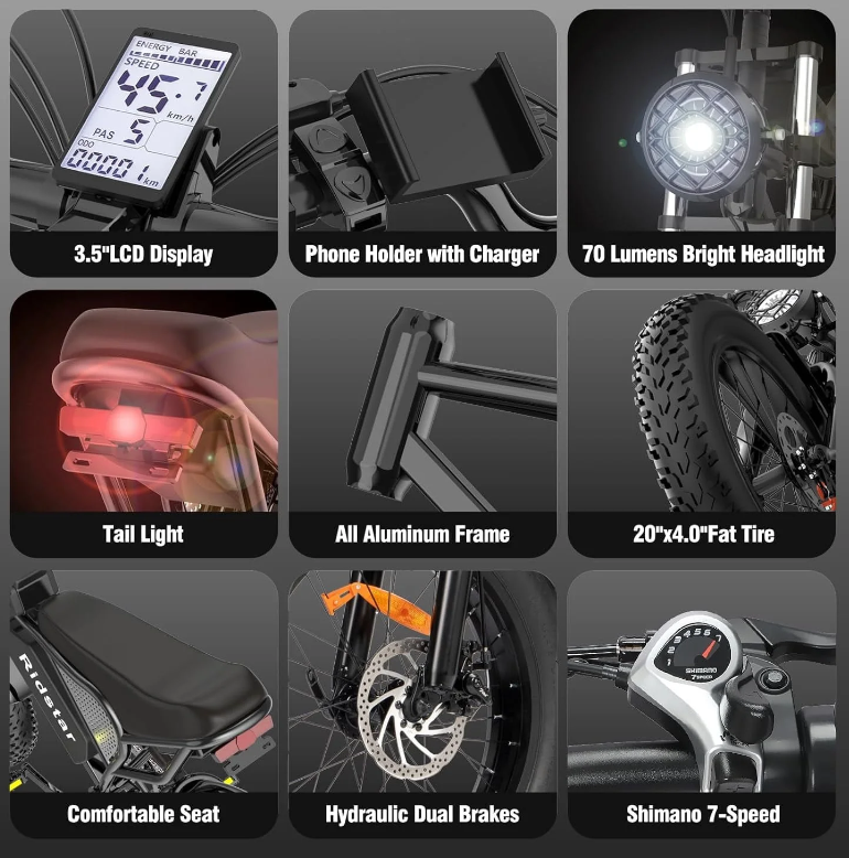 Ridstar Electric Bike for Adults 1500w 33mph,48v 20ah Electric Bicycle,20″ Fat Tire,7-Speed Mountain Bike Ul2849